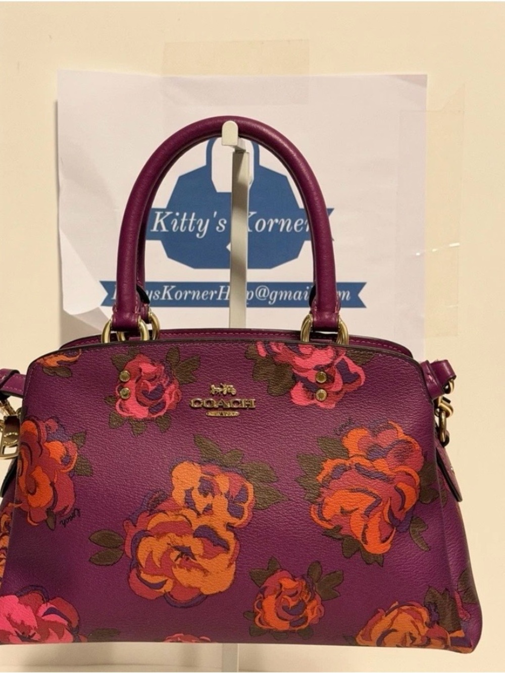 NWT Coach Mini Lillie Carryall in Dark Magenta Multi Jumbo Floral Print. - Picture 3 of 11